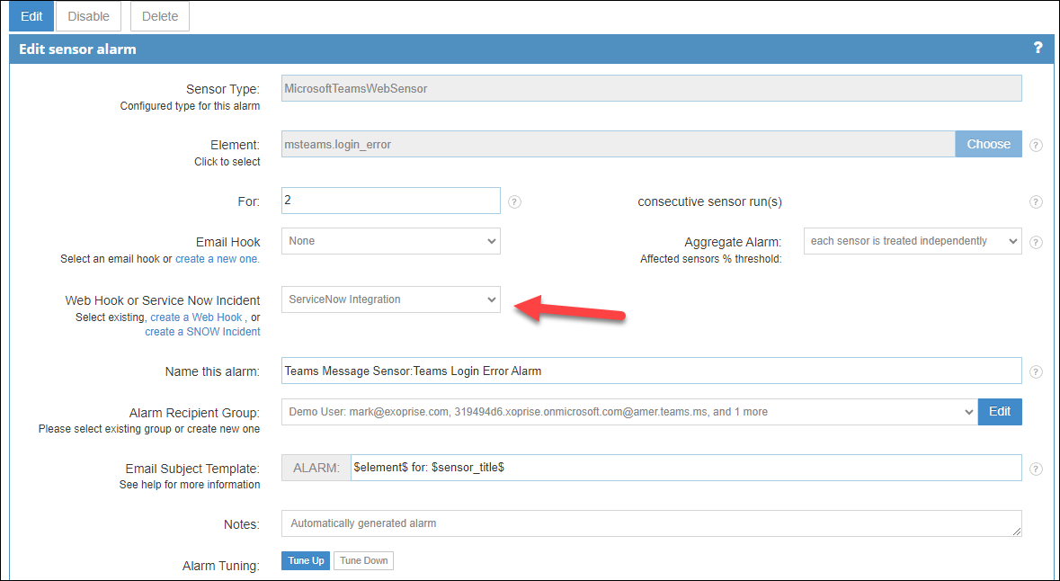 Edit sensor alarm to integrate with ServiceNow